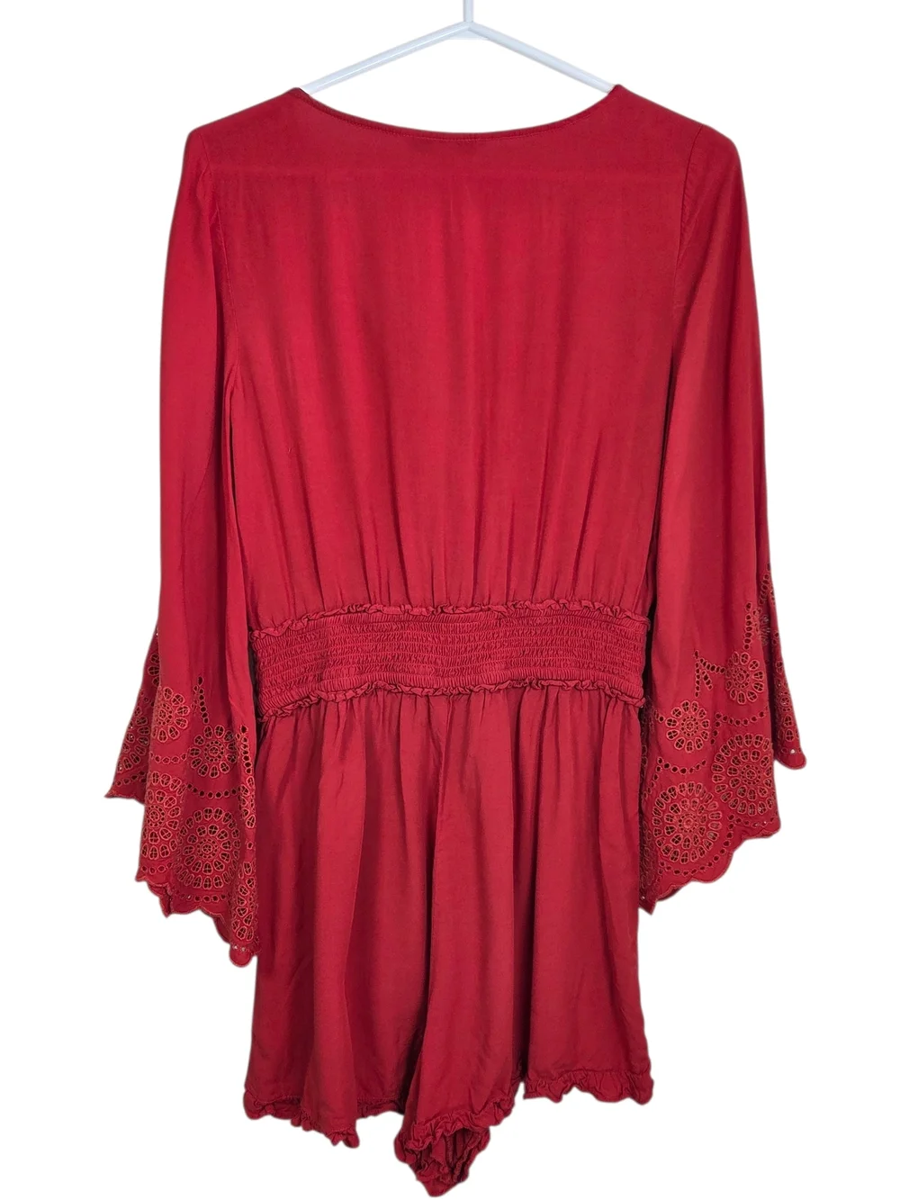 American Eagle Outfitters Blood Orange Tie-Front Romper with Eyelet Bell Sleeves - Picture 7 of 9